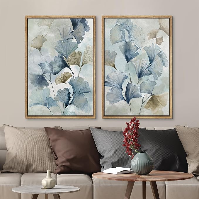 MUDECOR Framed Canvas Print Wall Art Blue Ginkgo Flower Illustrations Modern - Image 3