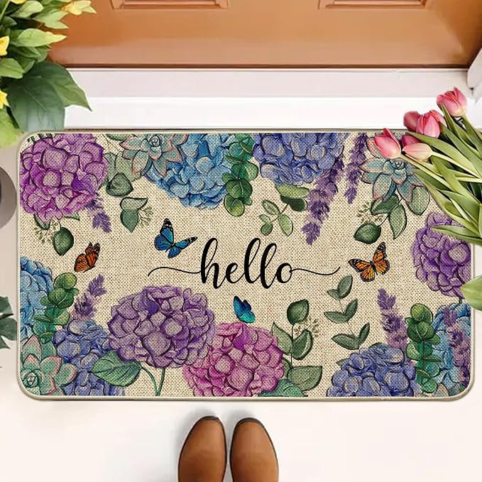 Welcome Spring Door Mat Hydrangea Flowers Doormat Indoor Outdoor Entrance - Image 2
