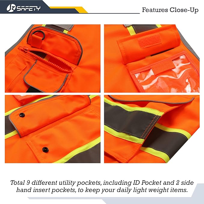 JKSafety 9 Pockets High Visibility Zipper Front Safety Vest | Orange - Image 4