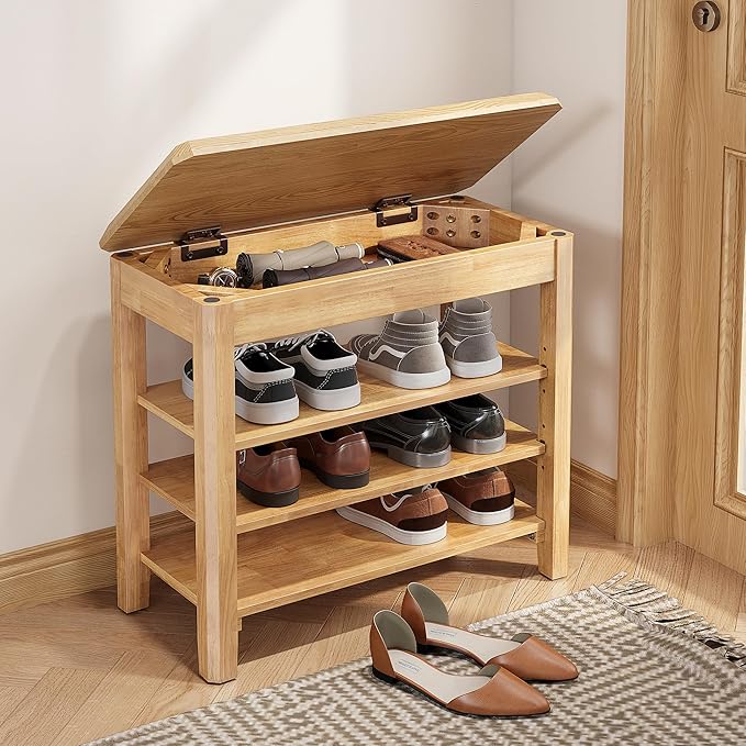Shoe Rack Bench Seat Rubberwood 3-Tier Wooden Storage Bench 550lbs Compact by IUNVR