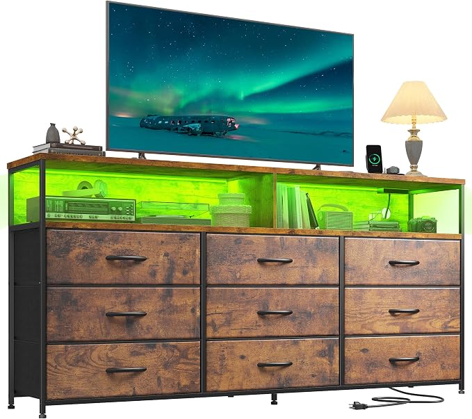 55" W Dresser for Bedroom with 9 Drawers, LED TV Stand with Power Outlets for 45 by Romorgniz