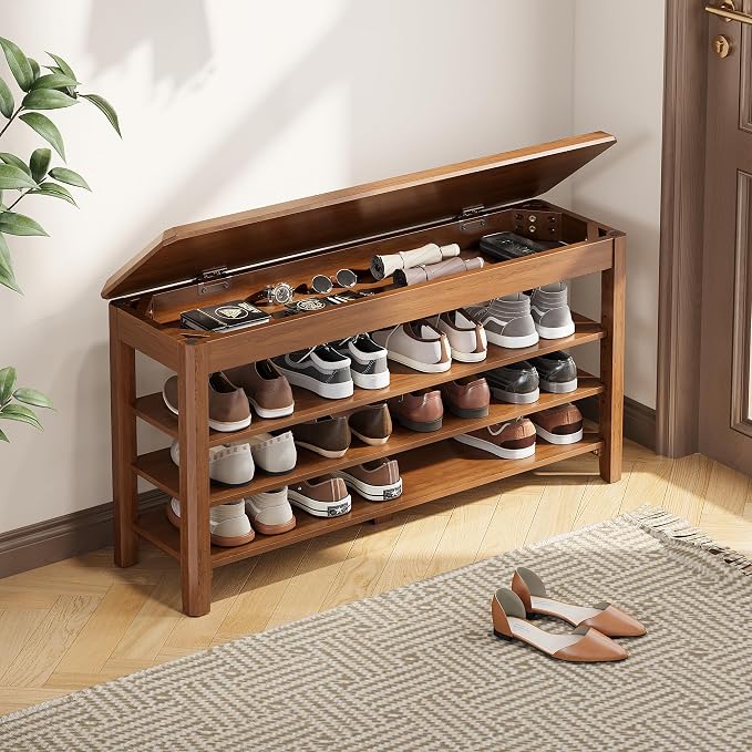 Shoe Rack Bench Seat Rubberwood 3-Tier Wooden Storage Bench 550lbs Compact by IUNVR