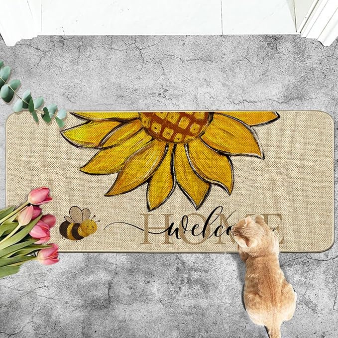 Sunflower Welcome Doormat 17"x36", Non Slip Door Mat Indoor Entrance, Hello - Image 2
