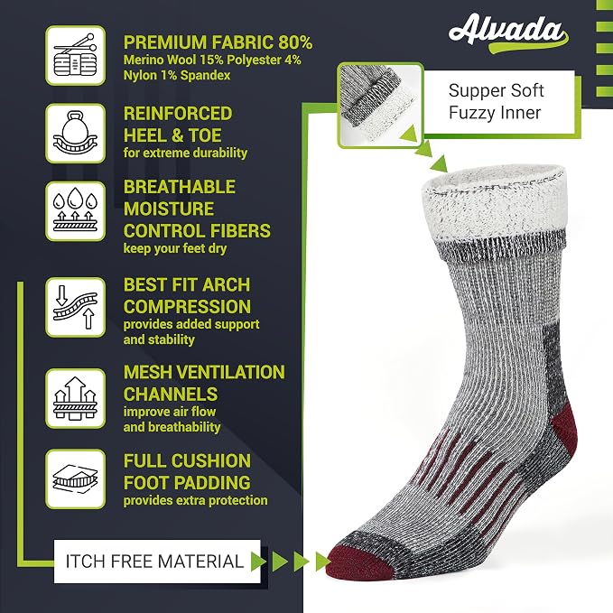 Alvada Warm Thermal Wool Socks for Winter Moisture Wicking and Breathable Cozy - Image 3