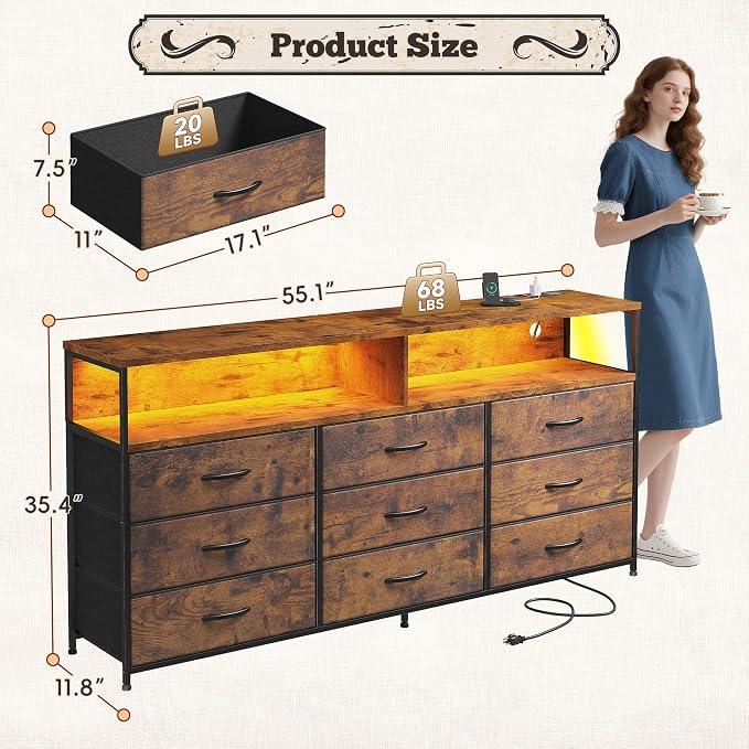55" W Dresser for Bedroom with 9 Drawers, LED TV Stand with Power Outlets for 45 - Image 3
