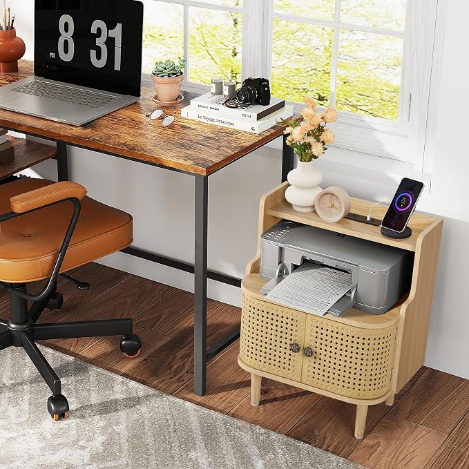 Metal Rattan End Table with Charging Station, Mid Century Modern Nightstand - Image 2
