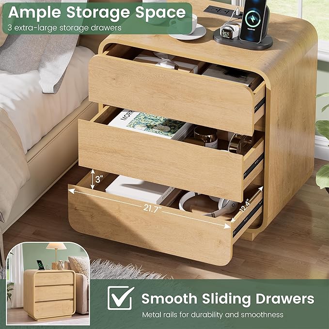 Farmhouse Nightstand, 3 Storage Drawers Side Table, Large End Table Night Stand - Image 4