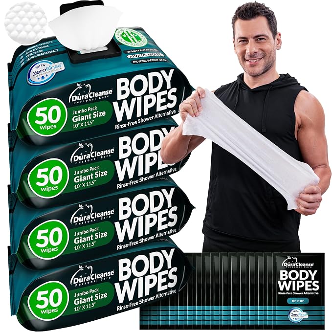After Gym Body Wipes for Men – Maximum Cleaning Power – 4 Pack, No Rinse Shower by DuraCleanse