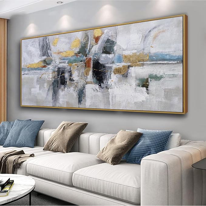 Teal Gold Wall Art Abstract Painting Wall Decor Living Room Modern 24"X 48" by HXSRQFAART
