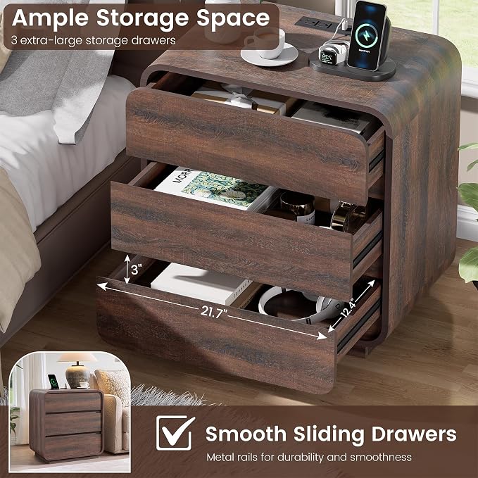 Walnut Curved Nightstand Set of 2, 23.2" Wide Wood Bedside Table - Image 5