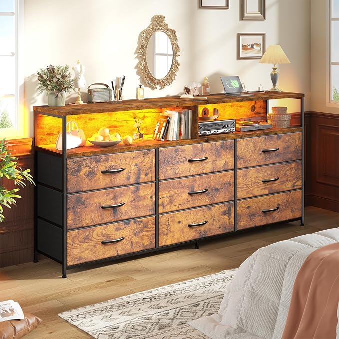 55" W Dresser for Bedroom with 9 Drawers, LED TV Stand with Power Outlets for 45 - Image 2