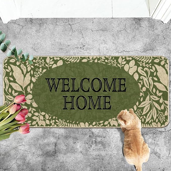Welcome Spring Door Mat Green Leaves Doormat Indoor Outdoor Entrance Outdoor - Image 2