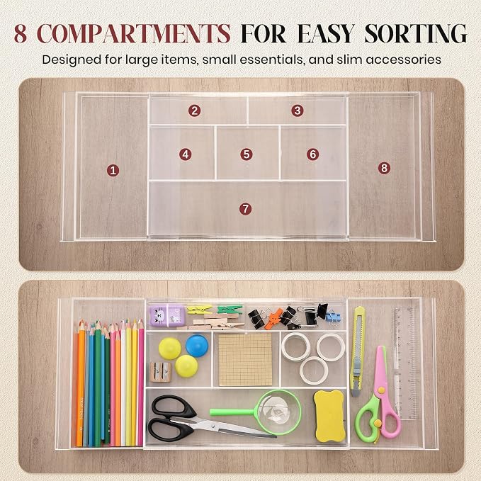 2Pack Shallow Expandable Drawer Organizer, Adjustable 12.5”–20” Clear Plastic - Image 5