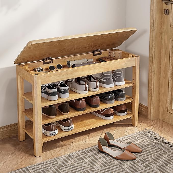 Shoe Rack Bench Seat Rubberwood 3-Tier Wooden Storage Bench 550lbs Compact by IUNVR