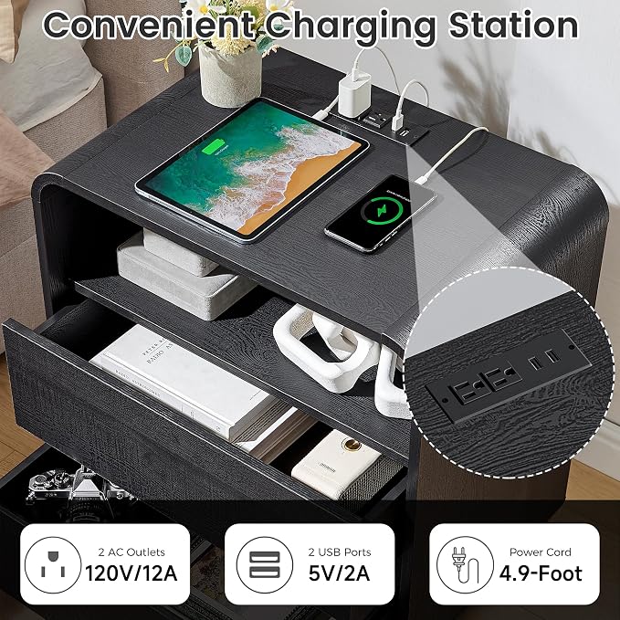 Black Nightstand Set of 2 with Charging Station, Modern Night Stand with 2 - Image 6