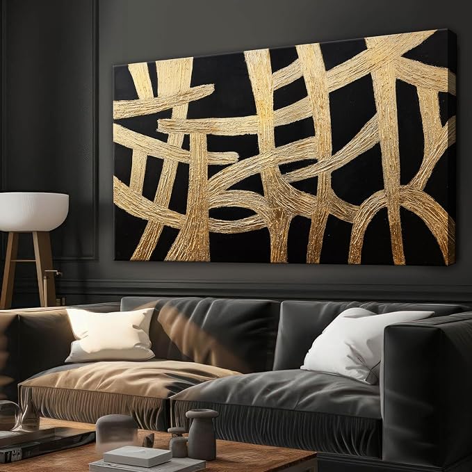 Abstract Wall Art Paintings Canvas Wall Art Decor Black And Gold Lines Artwork by Dimpaga