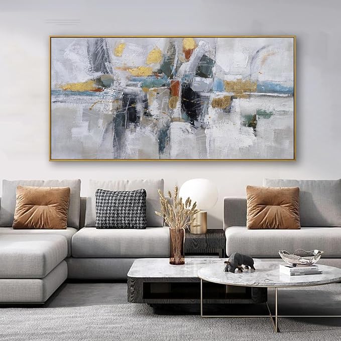 Teal Gold Wall Art Abstract Painting Wall Decor Living Room Modern 24"X 48" - Image 3