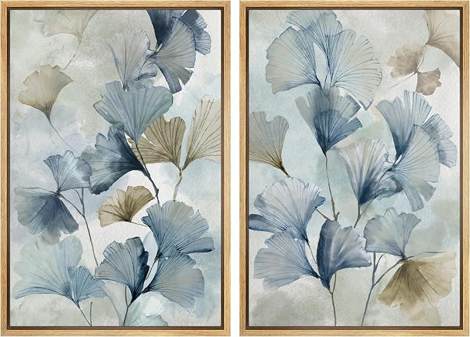 MUDECOR Framed Canvas Print Wall Art Blue Ginkgo Flower Illustrations Modern by MUDECOR
