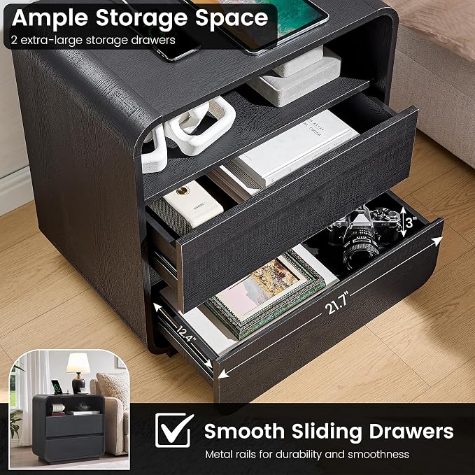 Black Nightstand Set of 2 with Charging Station, Modern Night Stand with 2 - Image 5