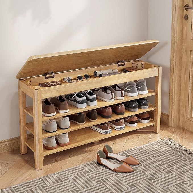 Shoe Rack Bench Seat Rubberwood 3-Tier Wooden Storage Bench 550lbs Compact by IUNVR