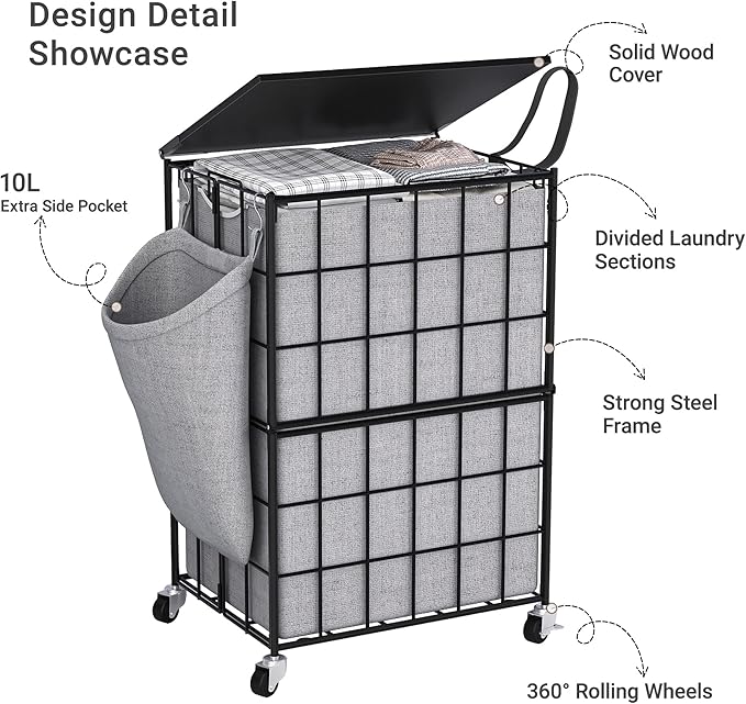 90L Laundry Basket with Wheels, Large Capacity Laundry Hamper with Removable - Field & Grace