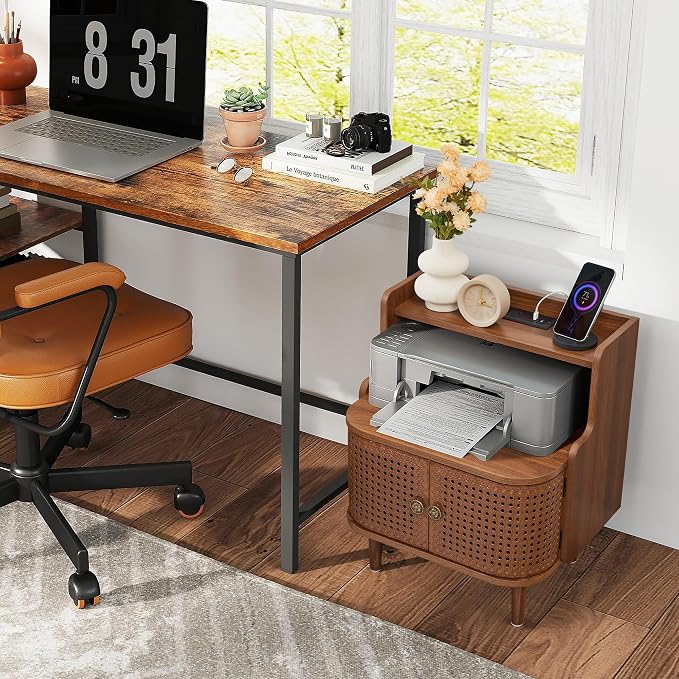Metal Rattan End Table with Charging Station, Mid Century Modern Nightstand - Image 2