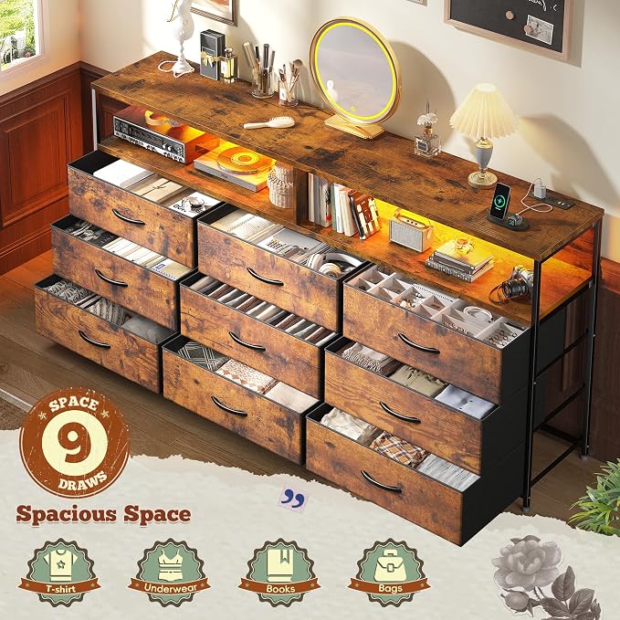 55" W Dresser for Bedroom with 9 Drawers, LED TV Stand with Power Outlets for 45 - Image 4