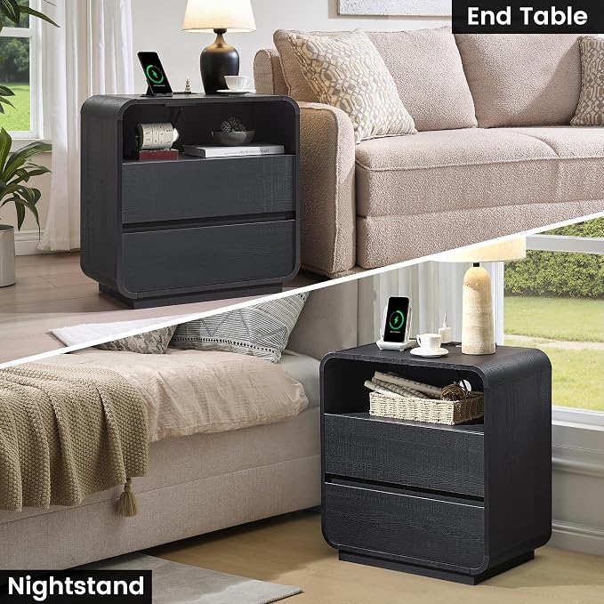 Black Nightstand Set of 2 with Charging Station, Modern Night Stand with 2 - Image 8