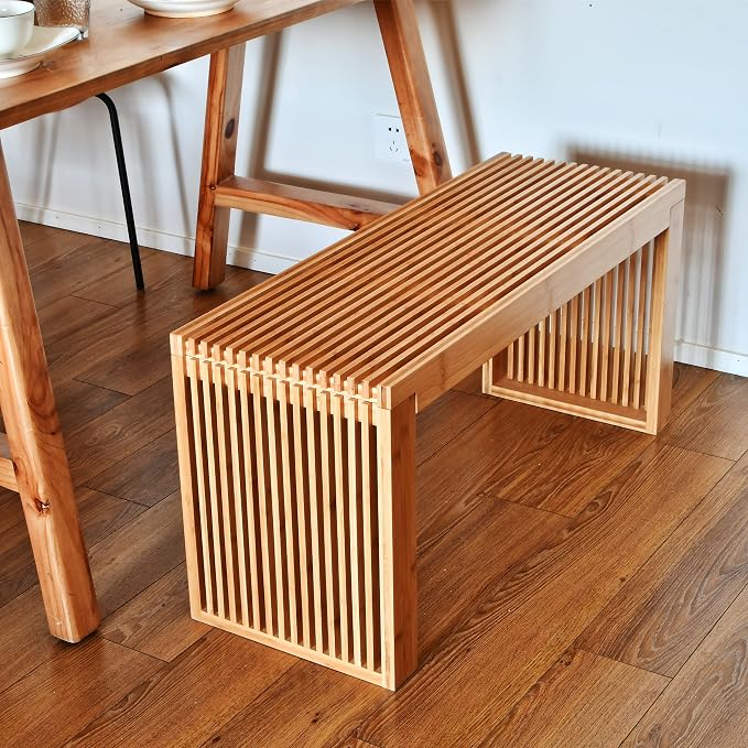 Bamboo Dining Bench, 35 Inch Farmhouse Decor Indoor Kitchen Table Bench - Image 2