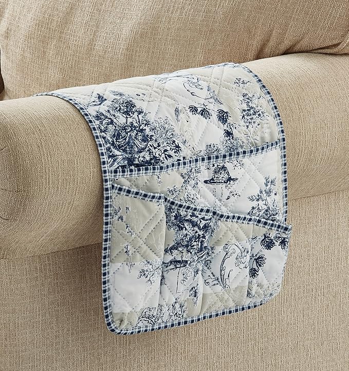Brilliant Sunshine Blue Toile Couch Sofa Armrest 5 Pockets Organizer, Slip - Image 8